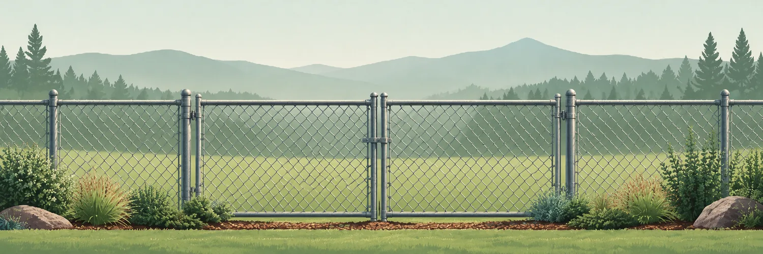 Illustration of a galvanized chain-link fence with a double gate