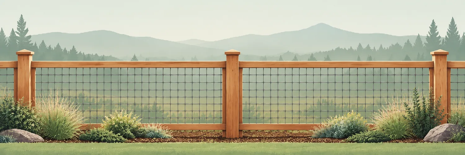 Illustration of wood-post fencing with a close-grid wire mesh for pets and property